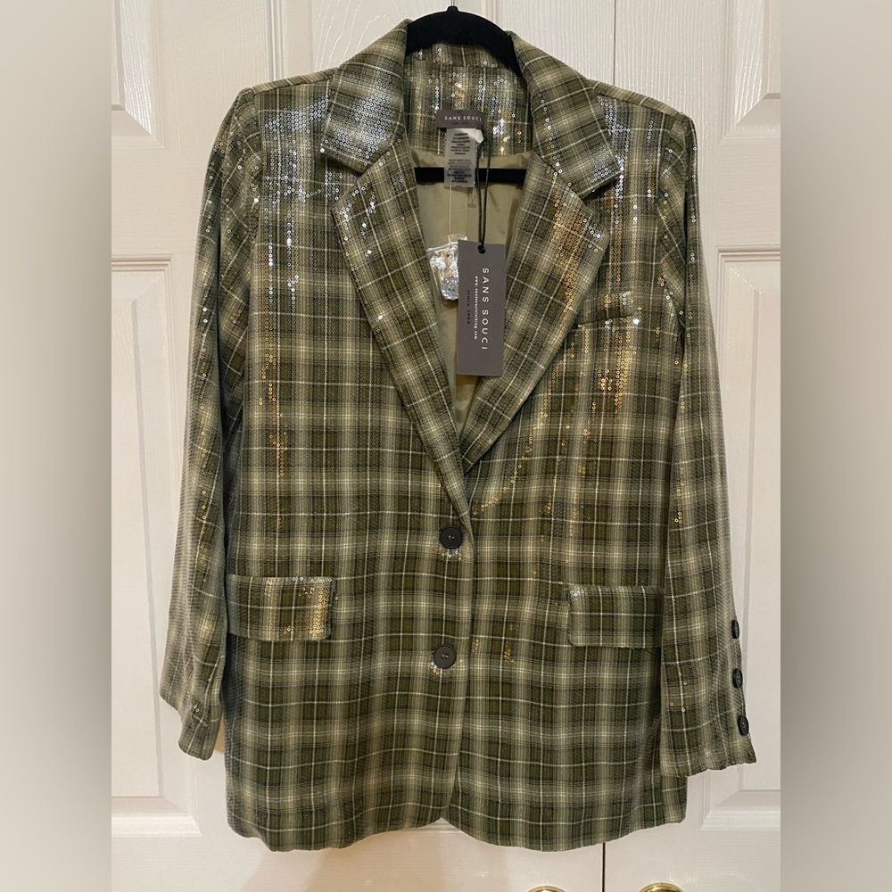 Show-stopper olive and cream sequin blazer.
